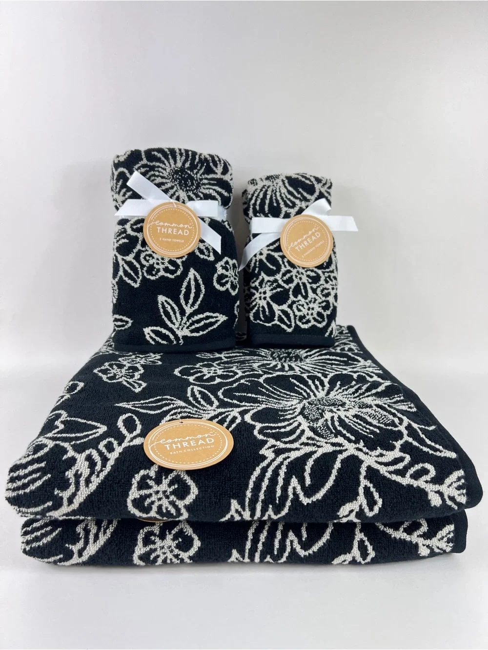 Common Thread Bath Towel Set Bold Black Cream Floral Soft Cotton 6 Pc NEW